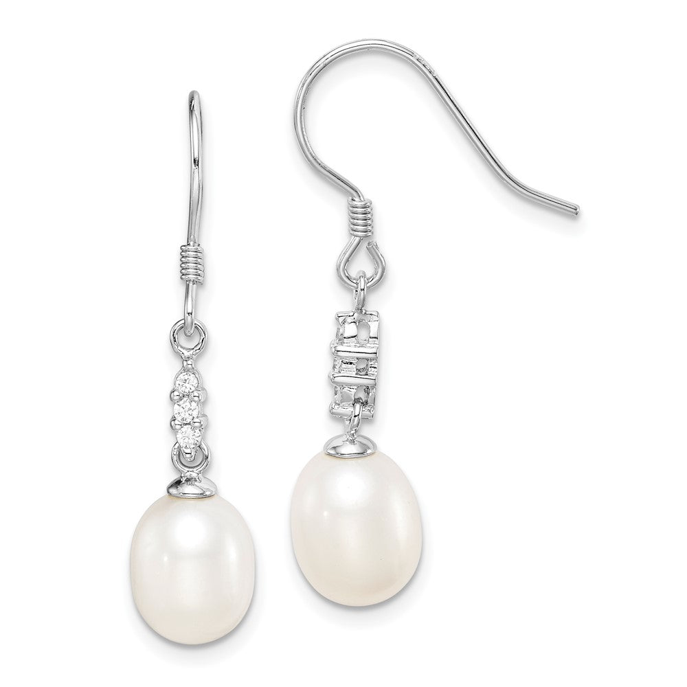 Rhodium-plated Sterling Silver 7-8mm White Teardrop FWC Pearl CZ Earrings