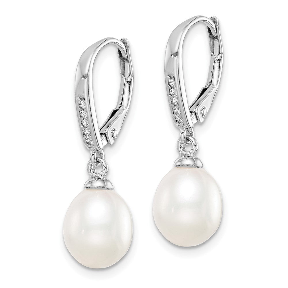 Rhodium-plated Sterling Silver 7-8mm White Teardrop FWC Pearl CZ Earrings