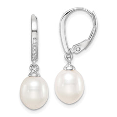 Rhodium-plated Sterling Silver 7-8mm White Teardrop FWC Pearl CZ Earrings