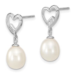 Rhodium-plated Sterling Silver 7-8mm Rice FWC Pearl CZ Heart Earrings