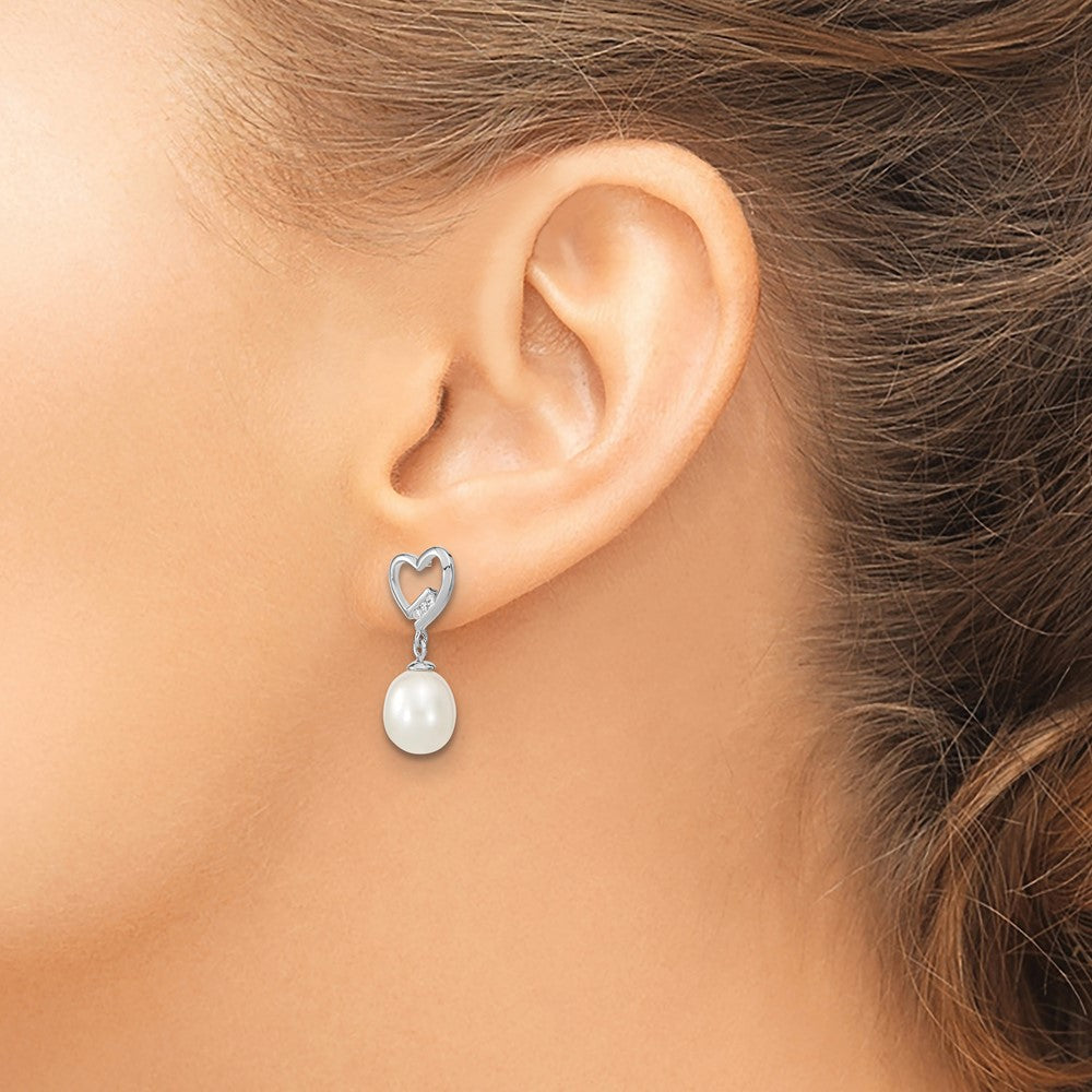 Rhodium-plated Sterling Silver 7-8mm Rice FWC Pearl CZ Heart Earrings