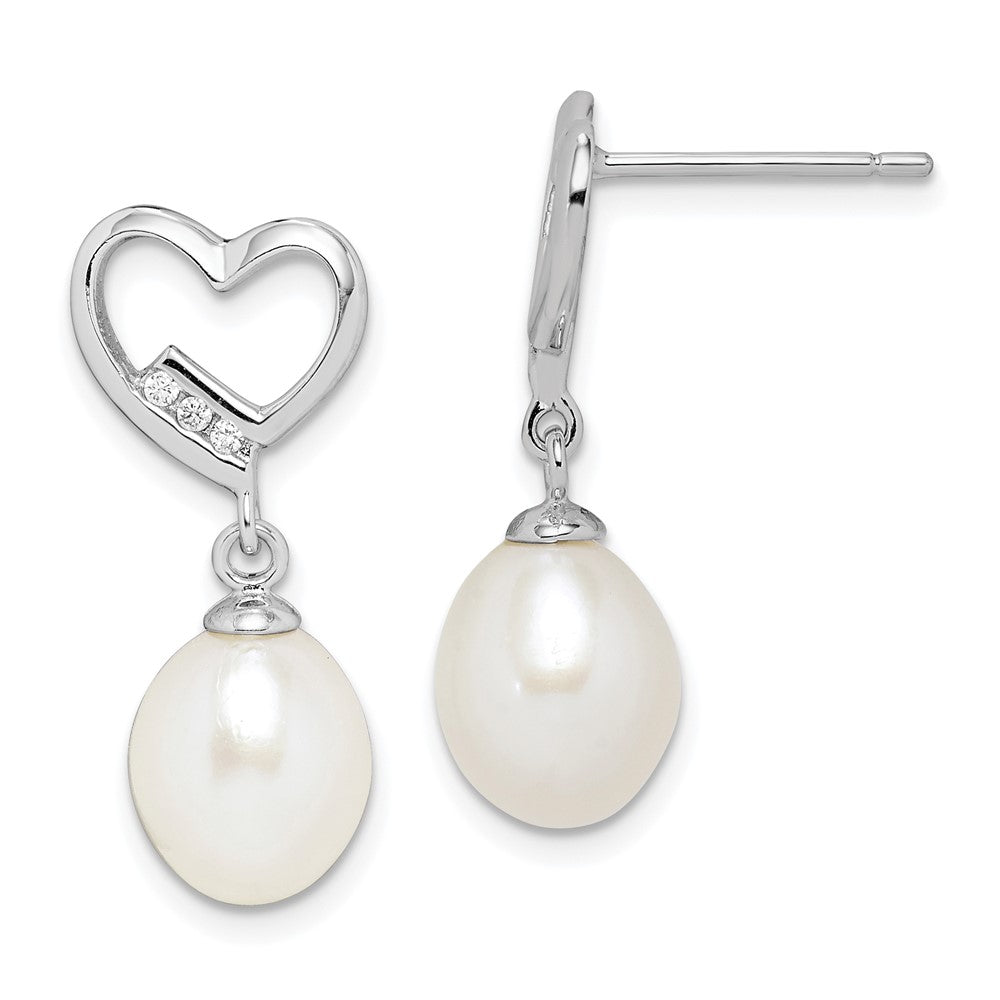 Rhodium-plated Sterling Silver 7-8mm Rice FWC Pearl CZ Heart Earrings