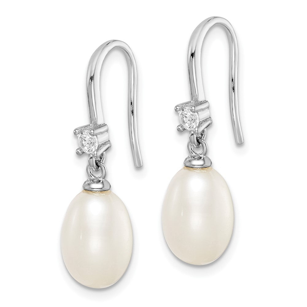 Rhodium-plated Sterling Silver 7-8mm White Drop FWC Pearl CZ Earrings