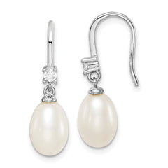 Rhodium-plated Sterling Silver 7-8mm White Drop FWC Pearl CZ Earrings