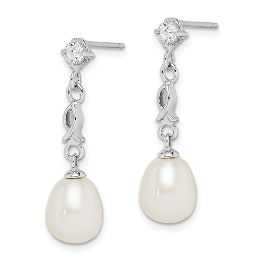 Rhodium-plated Sterling Silver 7-8mm White Rice FWC Pearl CZ Earrings