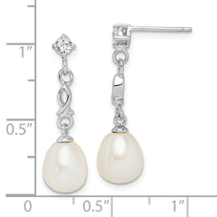 Rhodium-plated Sterling Silver 7-8mm White Rice FWC Pearl CZ Earrings