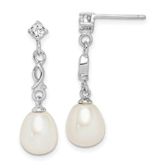 Rhodium-plated Sterling Silver 7-8mm White Rice FWC Pearl CZ Earrings