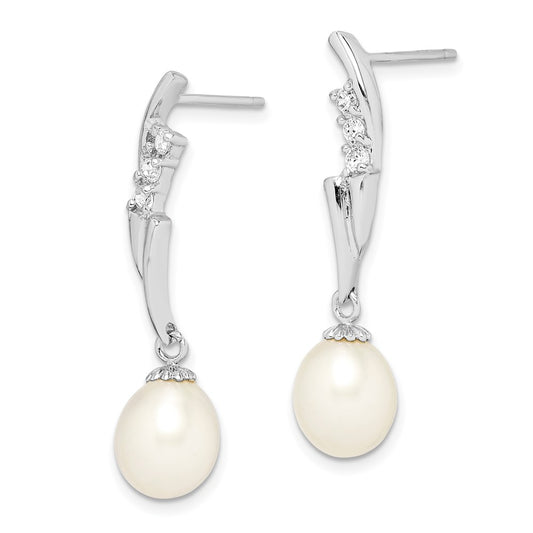 Rhodium-plated Sterling Silver 7-8mm White Rice FWC Pearl CZ Earrings