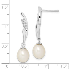 Rhodium-plated Sterling Silver 7-8mm White Rice FWC Pearl CZ Earrings