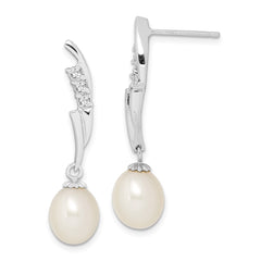 Rhodium-plated Sterling Silver 7-8mm White Rice FWC Pearl CZ Earrings