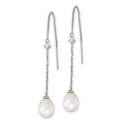 Rhodium-plated Sterling Silver 7-8mm White Drop FWC Pearl CZ Earrings