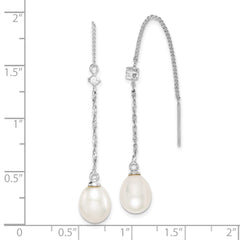 Rhodium-plated Sterling Silver 7-8mm White Drop FWC Pearl CZ Earrings