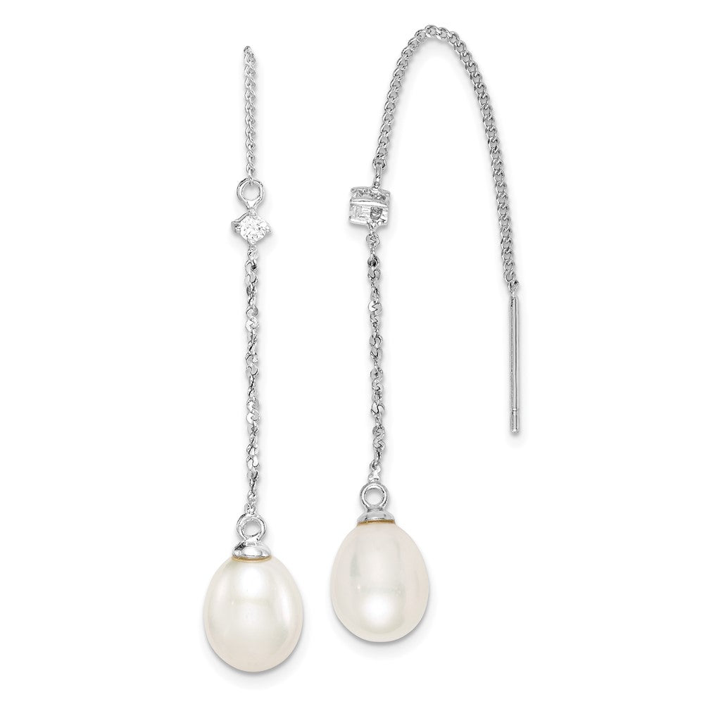 Rhodium-plated Sterling Silver 7-8mm White Drop FWC Pearl CZ Earrings