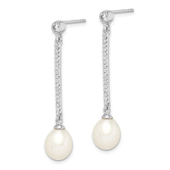 Rhodium-plated Sterling Silver 8-9mm White Rice FWC Pearl CZ Earrings