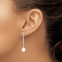 Rhodium-plated Sterling Silver 8-9mm White Rice FWC Pearl CZ Earrings