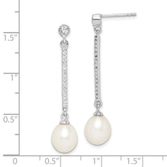 Rhodium-plated Sterling Silver 8-9mm White Rice FWC Pearl CZ Earrings