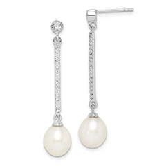 Rhodium-plated Sterling Silver 8-9mm White Rice FWC Pearl CZ Earrings