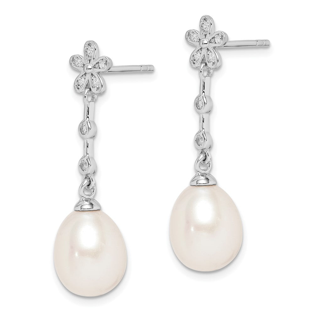 Rhodium-plated Sterling Silver 8-9mm White Rice FWC Pearl CZ Earrings