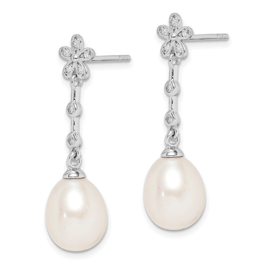 Rhodium-plated Sterling Silver 8-9mm White Rice FWC Pearl CZ Earrings