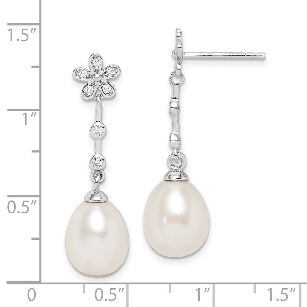 Rhodium-plated Sterling Silver 8-9mm White Rice FWC Pearl CZ Earrings