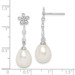 Rhodium-plated Sterling Silver 8-9mm White Rice FWC Pearl CZ Earrings