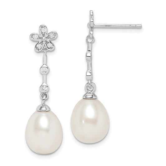 Rhodium-plated Sterling Silver 8-9mm White Rice FWC Pearl CZ Earrings