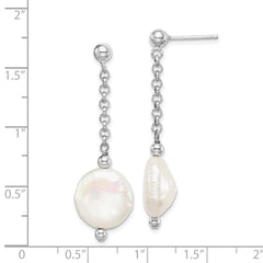 Rhodium-plated Sterling Silver 12-13 Coin FWC Pearl Dangle Earrings