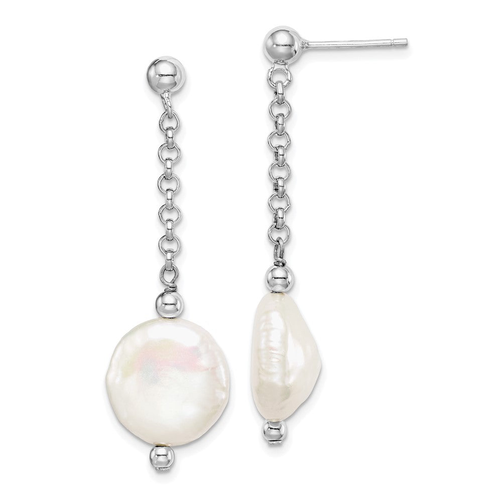 Rhodium-plated Sterling Silver 12-13 Coin FWC Pearl Dangle Earrings