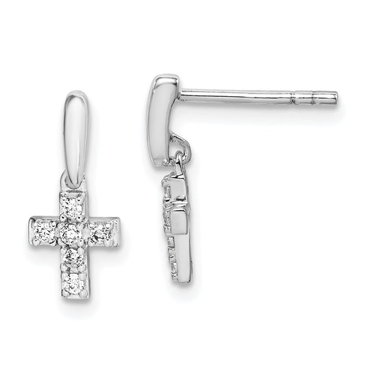 Rhodium-plated Sterling Silver Tiny CZ Cross Dangle Post Earrings