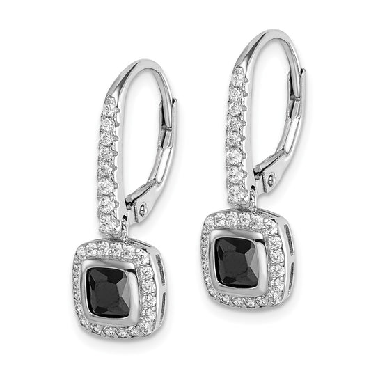 Rhodium-plated Sterling Silver Black and White CZ Leverback Earrings