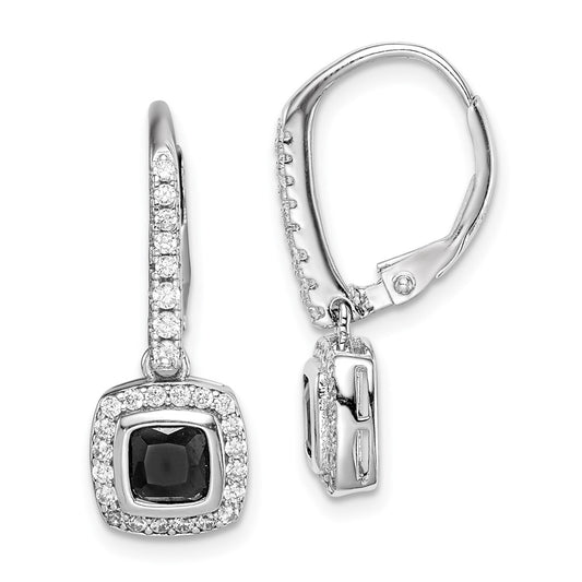 Rhodium-plated Sterling Silver Black and White CZ Leverback Earrings