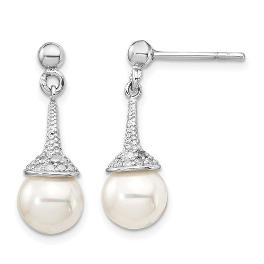 Rhodium-plated Sterling Silver CZ and Imitation Shell Pearl Dangle Earrings
