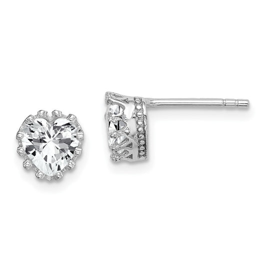 Rhodium-plated Sterling Silver 6mm Polished Heart CZ Post Earrings