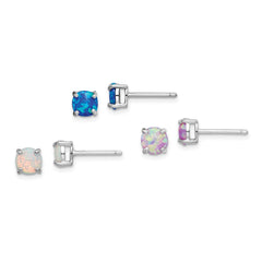 Rhodium-plated Sterling Silver Created Opal Set of 3 Stud Earrings