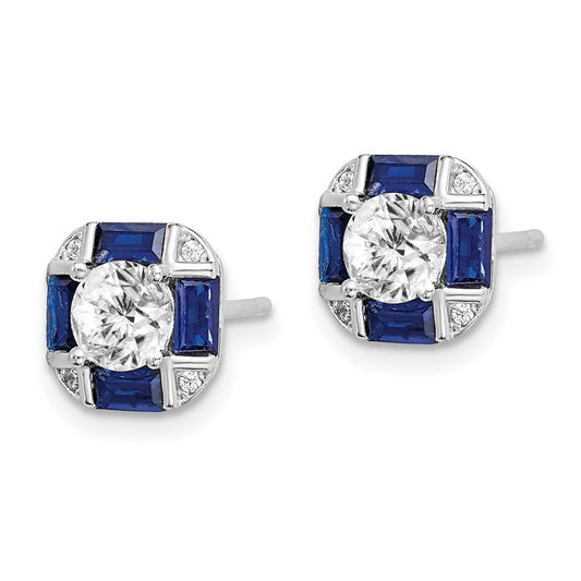 Rhodium-plated Sterling Silver CZ and Lab Created Blue Spinel Earrings