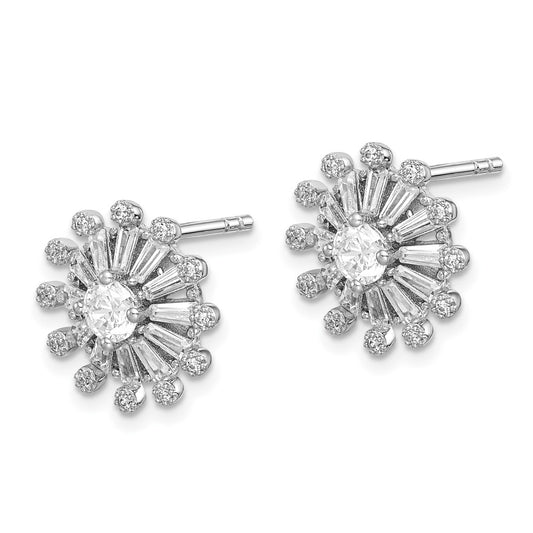 Rhodium-plated Sterling Silver CZ Baguette Snowflake Post Earrings