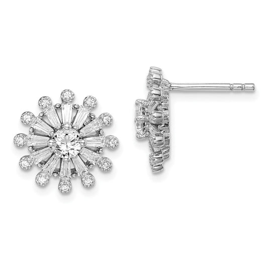 Rhodium-plated Sterling Silver CZ Baguette Snowflake Post Earrings