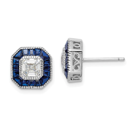 Rhodium-plated Sterling Silver Synthetic Blue Spinel and CZ Earrings