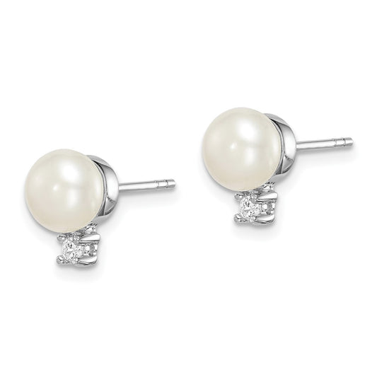 Rhodium-plated Sterling Silver 6-7mm White Button FWC Pearl CZ Earrings