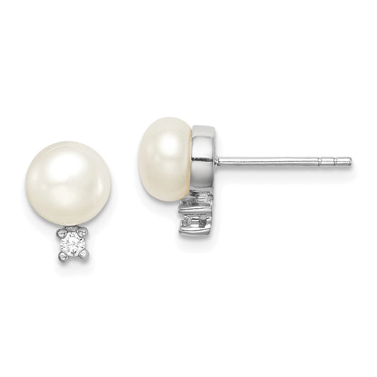 Rhodium-plated Sterling Silver 6-7mm White Button FWC Pearl CZ Earrings