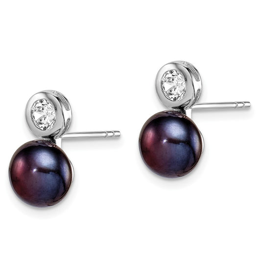 Rhodium-plated Sterling Silver 7-8mm Black Button FWC Pearl CZ Earrings