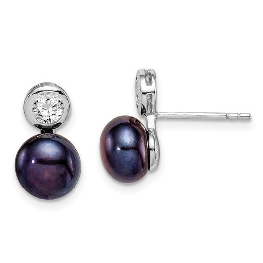 Rhodium-plated Sterling Silver 7-8mm Black Button FWC Pearl CZ Earrings