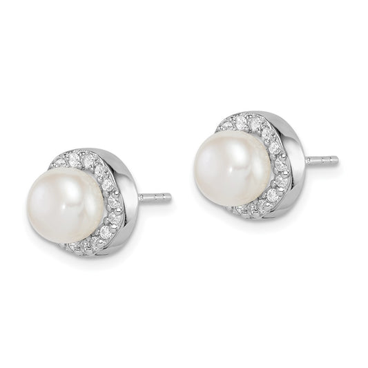 Rhodium-plated Sterling Silver 7-8mm White Button FWC Pearl CZ Earrings