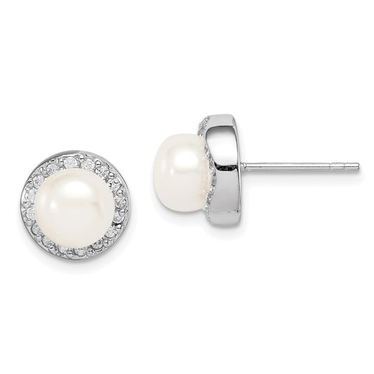 Rhodium-plated Sterling Silver 7-8mm White Button FWC Pearl CZ Earrings