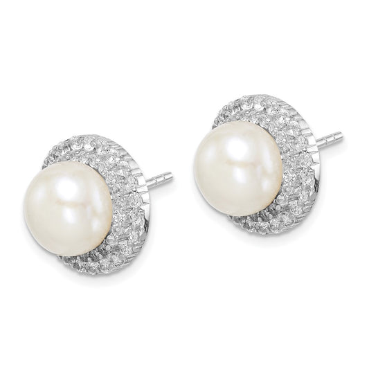 Rhodium-plated Sterling Silver 8-9mm White Button FWC Pearl CZ Earrings