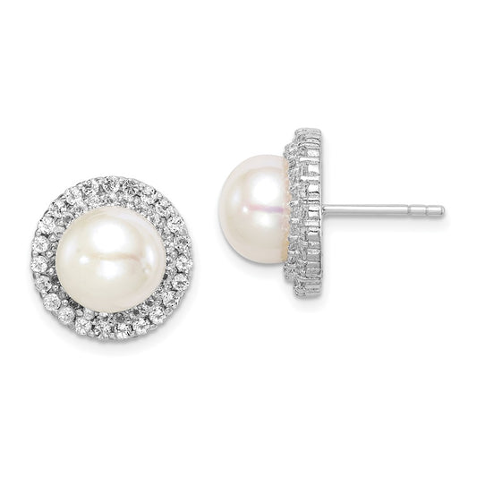 Rhodium-plated Sterling Silver 8-9mm White Button FWC Pearl CZ Earrings