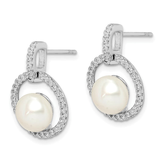 Rhodium-plated Sterling Silver 8-9mm White Button FWC Pearl CZ Earrings