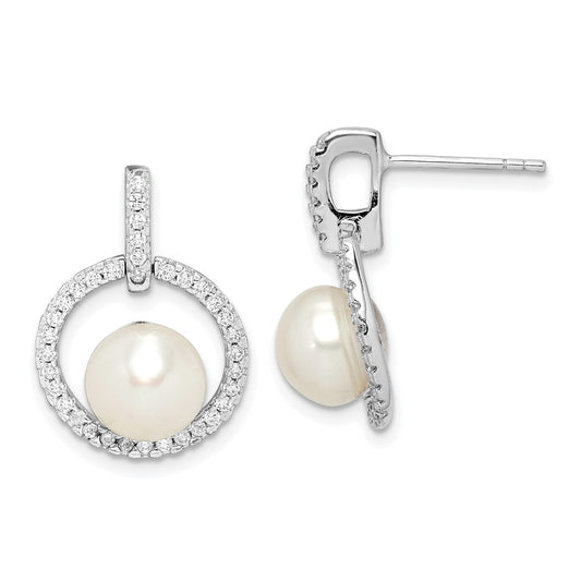 Rhodium-plated Sterling Silver 8-9mm White Button FWC Pearl CZ Earrings