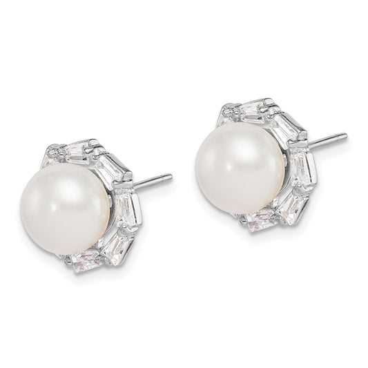 Rhodium-plated Sterling Silver 8-9mm White Button FWC Pearl CZ Earrings