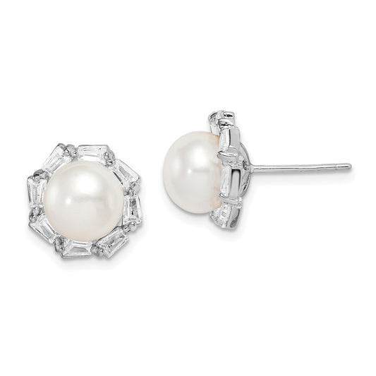 Rhodium-plated Sterling Silver 8-9mm White Button FWC Pearl CZ Earrings